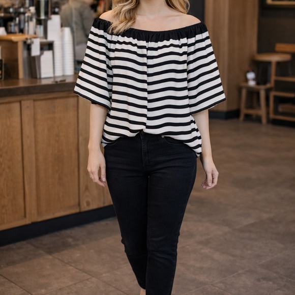 LOFT Black and White Striped Off-Shoulder Blouse - Picture 3 of 3